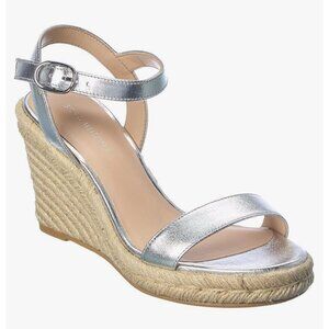 Stuart Weitzman Teddi Espadrille Leather Wedge Sandal in Silver Size 6